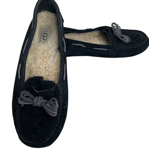 Ugg Womens Ansley Black Suede Moccasin Slippers Shearling Lining/Grey Bow Size 8 - Picture 1 of 6